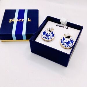 Piper K Blue and White Porcelain Hoop Earrings